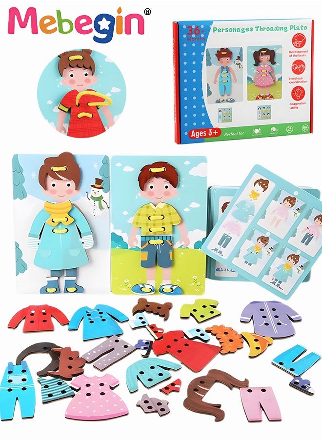 MEBEGIN Montessori Toys Gifts Wood Clothes Tying Toy,Learn to Tying Fine Motor Skill Threading Game Educational Toy Character Dressup Toy Teaching Kit for Kids  - Image 2