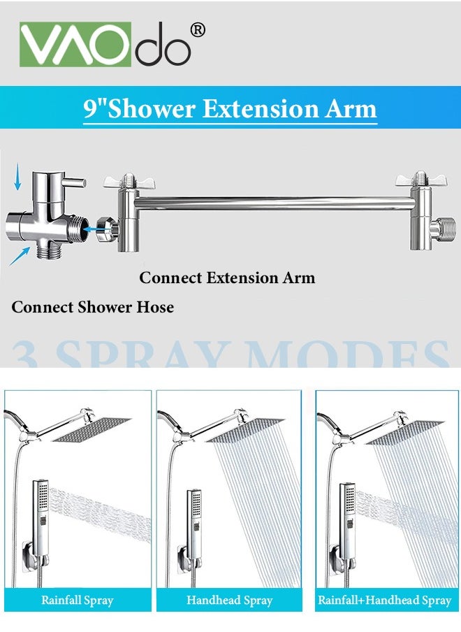 12'' Shower Head Set with High Pressure Handheld Shower, with Hose Adhesive Shower Head Holder 2-in-1 Adjustable Angle Handheld Shower,Square Bathroom Handheld Shower Set