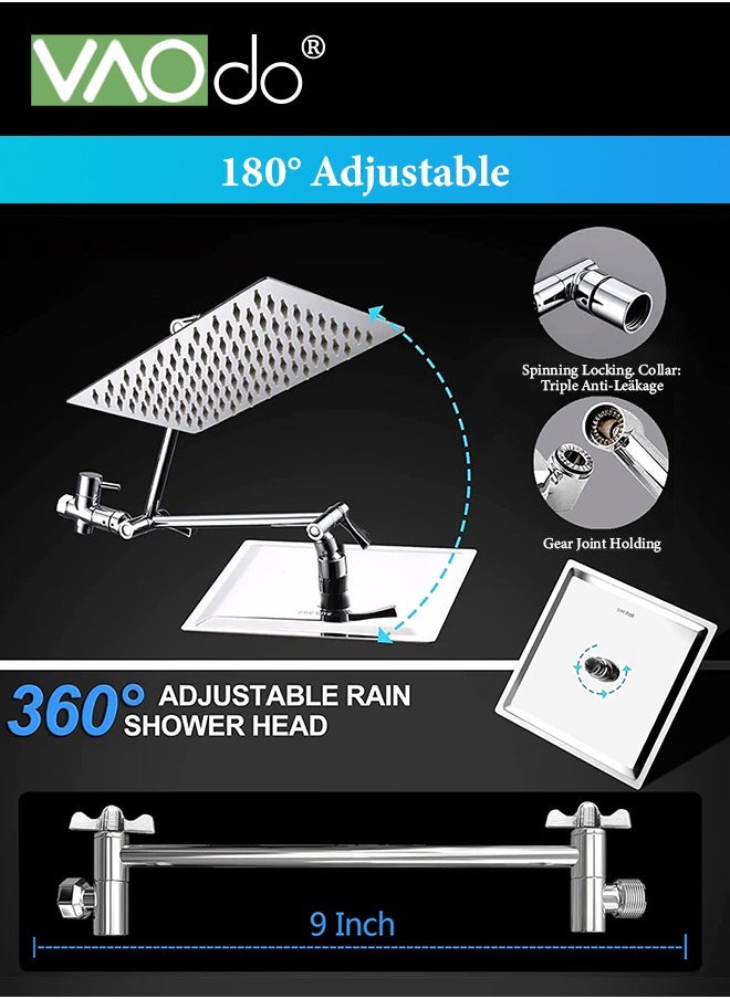 12'' Shower Head Set with High Pressure Handheld Shower, with Hose Adhesive Shower Head Holder 2-in-1 Adjustable Angle Handheld Shower,Square Bathroom Handheld Shower Set