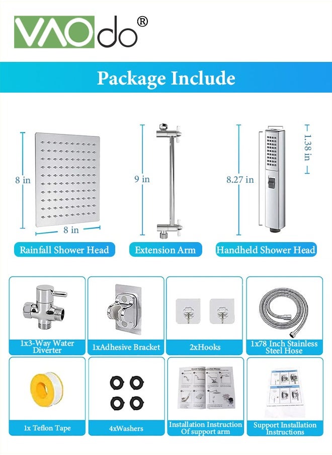 12'' Shower Head Set with High Pressure Handheld Shower, with Hose Adhesive Shower Head Holder 2-in-1 Adjustable Angle Handheld Shower,Square Bathroom Handheld Shower Set