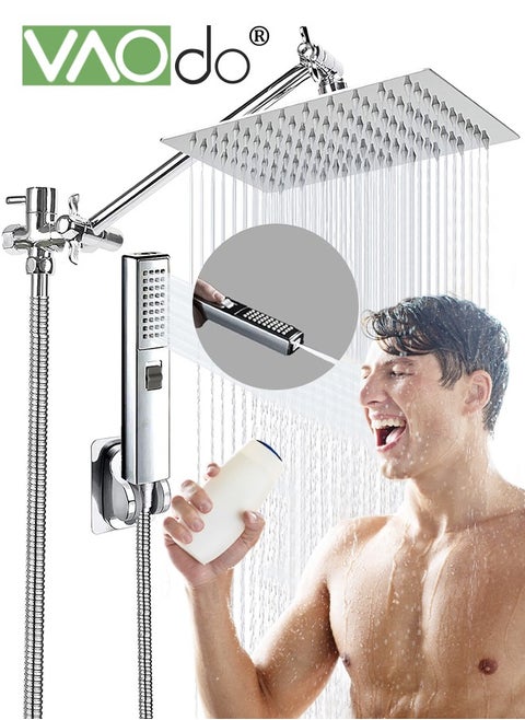 12'' Shower Head Set with High Pressure Handheld Shower, with Hose Adhesive Shower Head Holder 2-in-1 Adjustable Angle Handheld Shower,Square Bathroom Handheld Shower Set