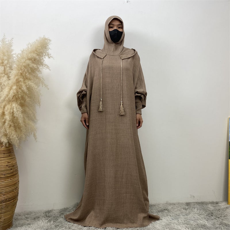 monica fashion Simple Solid Color Long Sleeves Kaftan And Batwing Style Hooded Dress - Image 4