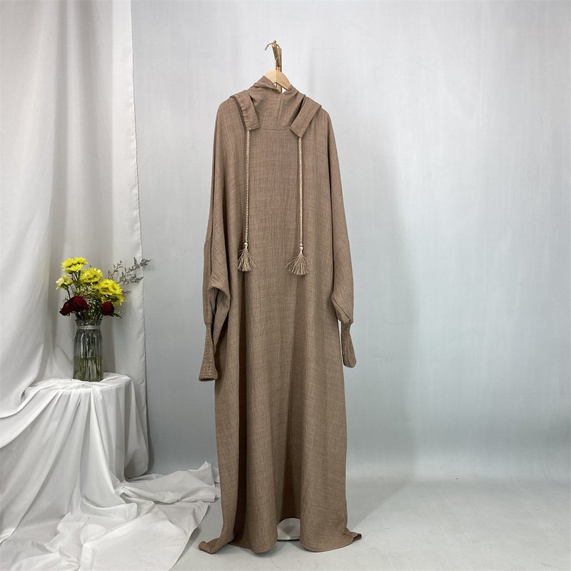 monica fashion Simple Solid Color Long Sleeves Kaftan And Batwing Style Hooded Dress - Image 1