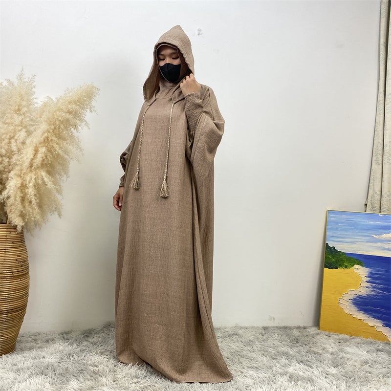 monica fashion Simple Solid Color Long Sleeves Kaftan And Batwing Style Hooded Dress - Image 5