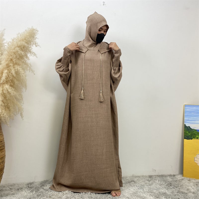 monica fashion Simple Solid Color Long Sleeves Kaftan And Batwing Style Hooded Dress - Image 3