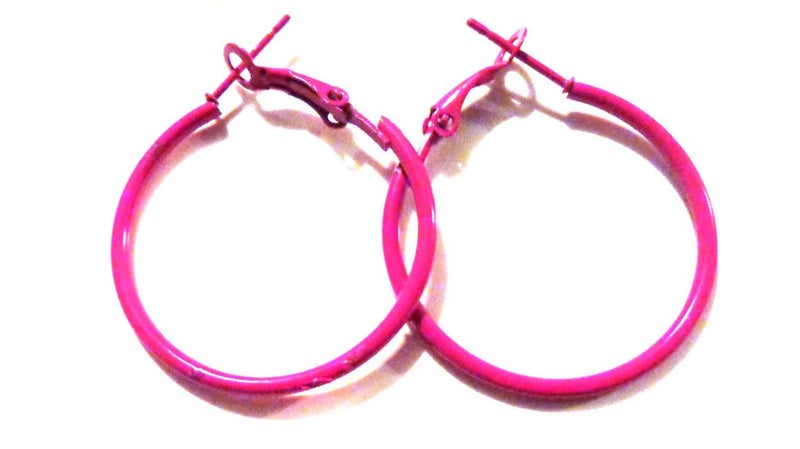 Divas Diggables Color Hoop Earrings - Small Thin 1 Inch Hot Pink - Image 4
