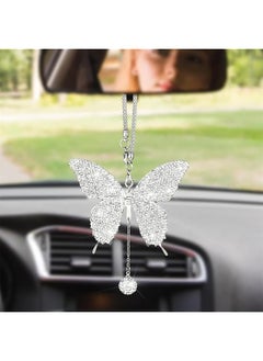 Butterfly Car Accessories Car Interior Mirror Ornaments Car Bling Rearview Mirror Accessories Diamond Car Hanging Ornament Lucky Hanging Pendant Car Accessories For Women White