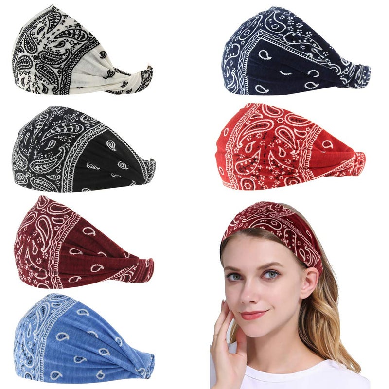 Carede Paisley Bandana Headband for Women with Elastic Yoga Headband Outdoor Hairband Adjustable Turban Headwrap,Pack of 6 - Image 1
