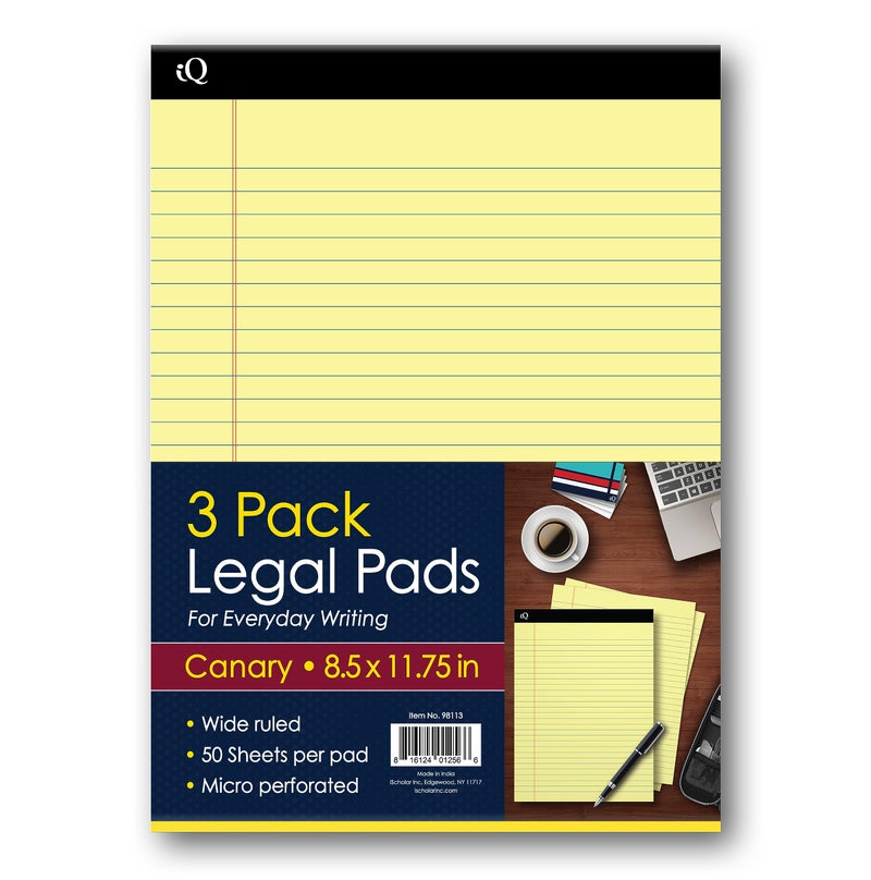 iScholar iQ Legal Pads Canary Wide Ruled 85 x 1175 50 Sheets Per Pad Pack of 3 Pads 98113