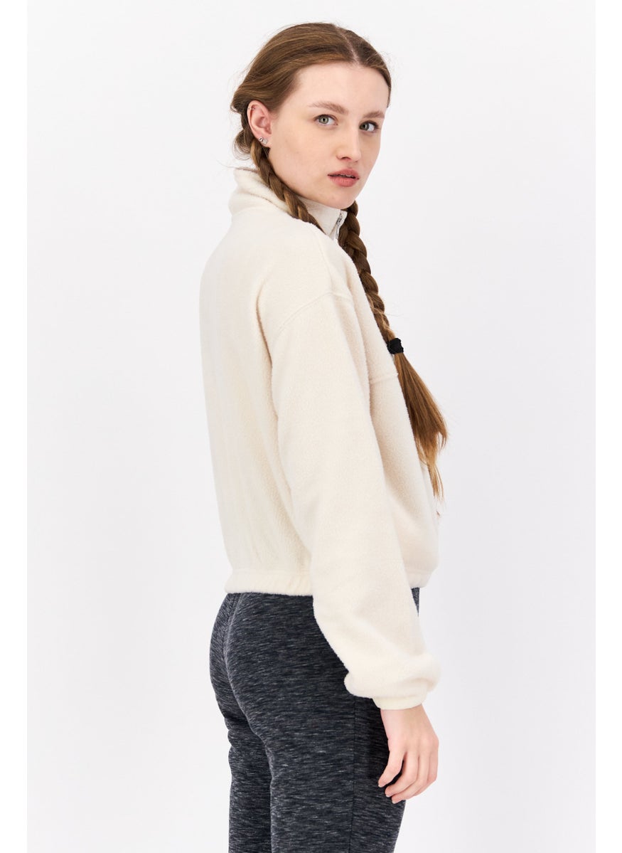 NIA Women High Neck Long Sleeve Solid Sweatshirt, Cream  - Image 2