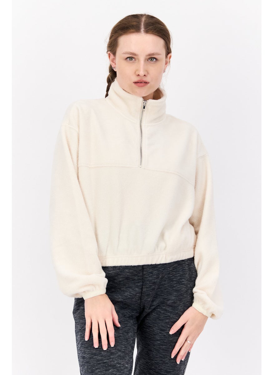 NIA Women High Neck Long Sleeve Solid Sweatshirt, Cream  - Image 1