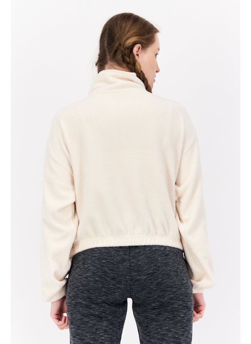 NIA Women High Neck Long Sleeve Solid Sweatshirt, Cream  - Image 3