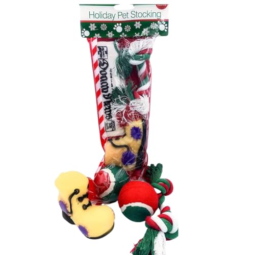 Massca Christmas Dog Stocking Toys Pack Assorted with Squeaker Inside of Newspaper Toy Squeaky Boot a red Green White Tennis Ball red White Green Knotted Rope Xmas Toy Small Medium Large Breeds - Image 1