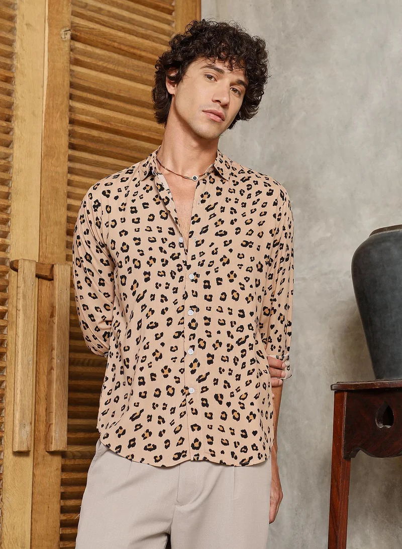 Campus Sutra Men's Buff Beige Cheetah Imprint Shirt