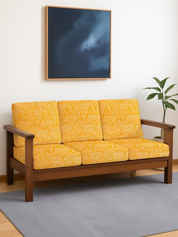 HOTKEI Yellow Abstract (Pack of 6) 200 GSM Fabric Wooden Sofa Seat Cover Elastic Stretchable Cushion Seat Slip Cover Protector for Wooden Sofa Set 3 Seater Antislip Full Covers for Living Room - Image 1