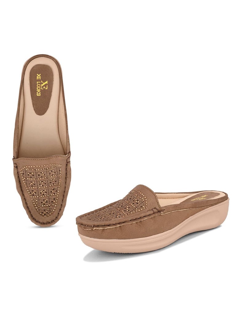 XE Looks Fashionable Women's Flat Mules – Tan Embellished Slip-On Mules with Stylish & Comfortable Cushioning and Non-Slip Sole for Girls & Womens UK-5 - Image 1