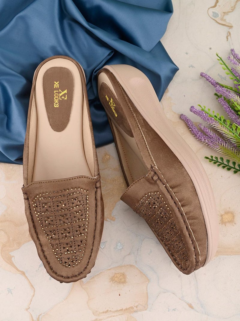 XE Looks Fashionable Women's Flat Mules – Tan Embellished Slip-On Mules with Stylish & Comfortable Cushioning and Non-Slip Sole for Girls & Womens UK-5 - Image 2