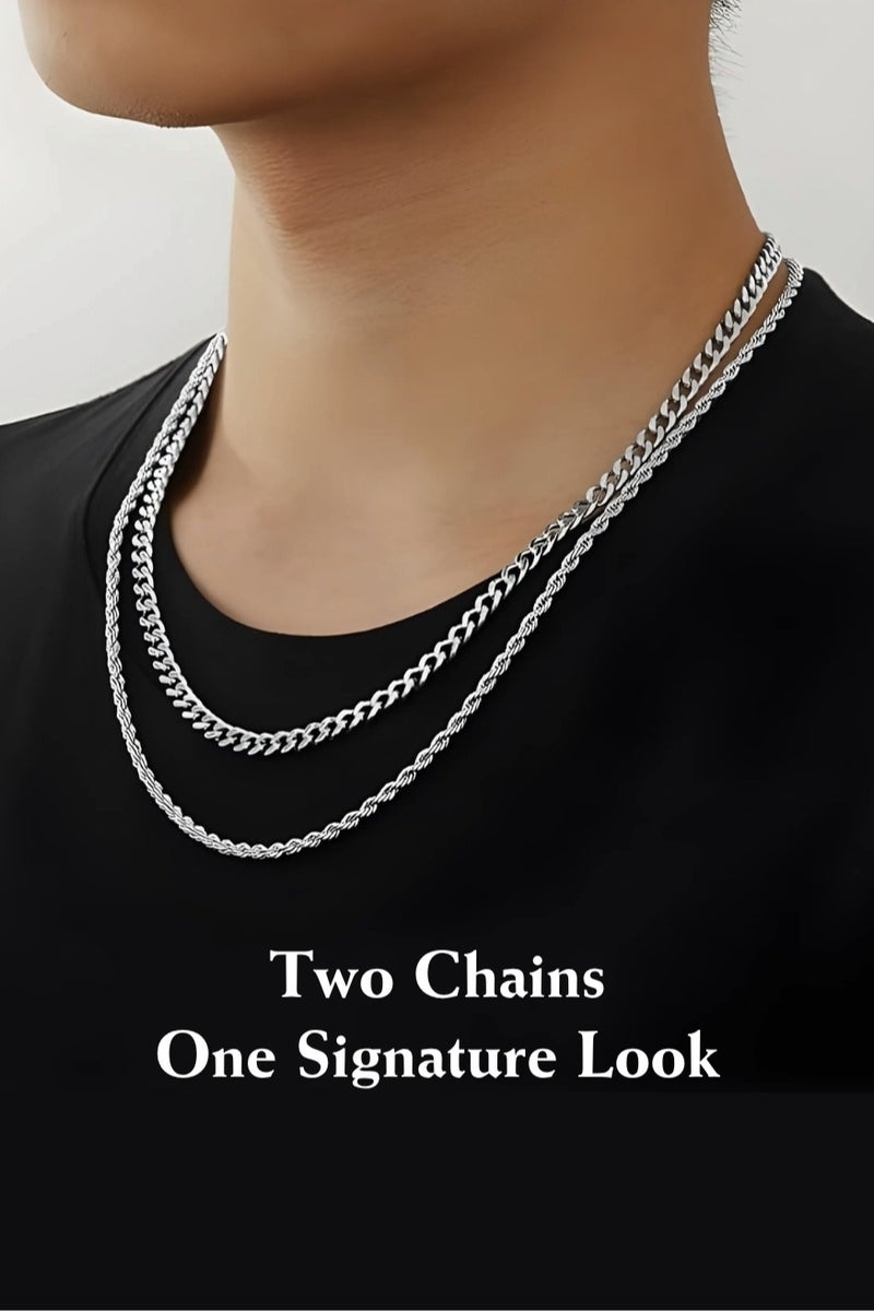 طقم سلاسل رجالي من قطعتين – سلسلة كوبان بطول 55 سم (21.7 بوصة) + سلسلة حبل ملتوية بطول 60 سم (23.6 بوصة) – ستانلس ستيل متين، مقاوم للتلاشي، يمكن ارتداؤها معًا أو بشكل منفصل - Image 1