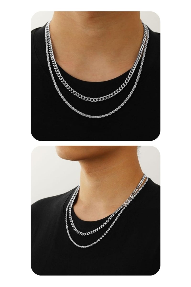 طقم سلاسل رجالي من قطعتين – سلسلة كوبان بطول 55 سم (21.7 بوصة) + سلسلة حبل ملتوية بطول 60 سم (23.6 بوصة) – ستانلس ستيل متين، مقاوم للتلاشي، يمكن ارتداؤها معًا أو بشكل منفصل - Image 2