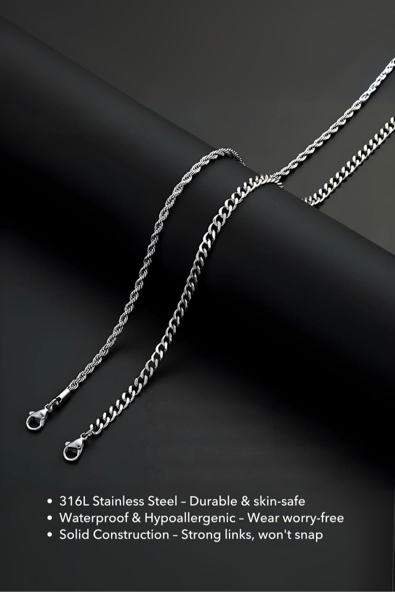 طقم سلاسل رجالي من قطعتين – سلسلة كوبان بطول 55 سم (21.7 بوصة) + سلسلة حبل ملتوية بطول 60 سم (23.6 بوصة) – ستانلس ستيل متين، مقاوم للتلاشي، يمكن ارتداؤها معًا أو بشكل منفصل - Image 4