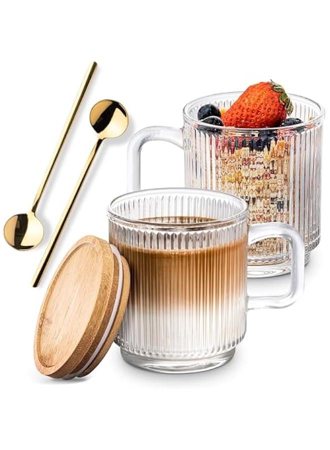 ميكسد TRASSLE Glass Coffee Mugs, Espresso Cups Set of 2 for Coffee Bar Accessories, Clear Coffee Mug, 330ML Glass Coffee Cups with Lids and Spoon, Cute Ribbed Glassware Set for Latte, Cappuccino - Image 1