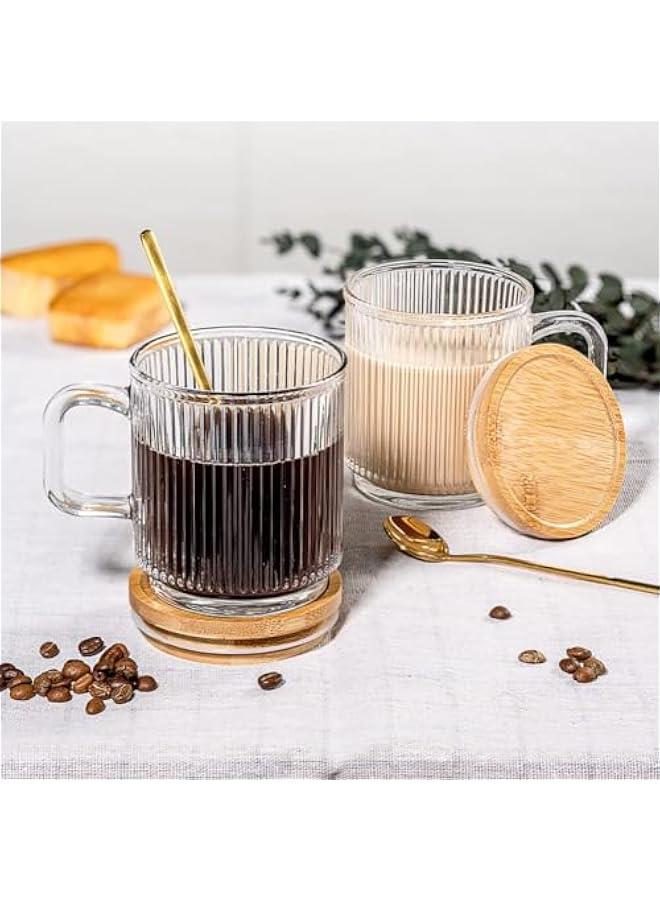 ميكسد TRASSLE Glass Coffee Mugs, Espresso Cups Set of 2 for Coffee Bar Accessories, Clear Coffee Mug, 330ML Glass Coffee Cups with Lids and Spoon, Cute Ribbed Glassware Set for Latte, Cappuccino - Image 2