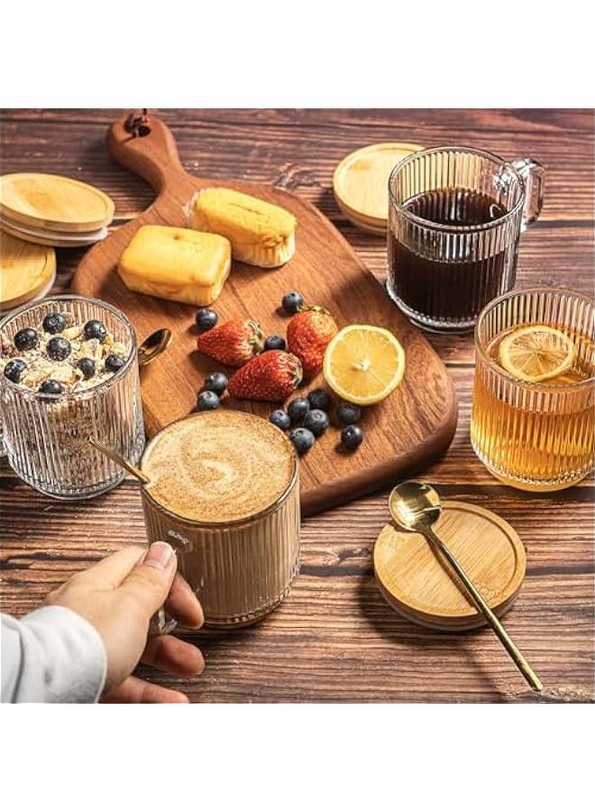 ميكسد TRASSLE Glass Coffee Mugs, Espresso Cups Set of 2 for Coffee Bar Accessories, Clear Coffee Mug, 330ML Glass Coffee Cups with Lids and Spoon, Cute Ribbed Glassware Set for Latte, Cappuccino - Image 3