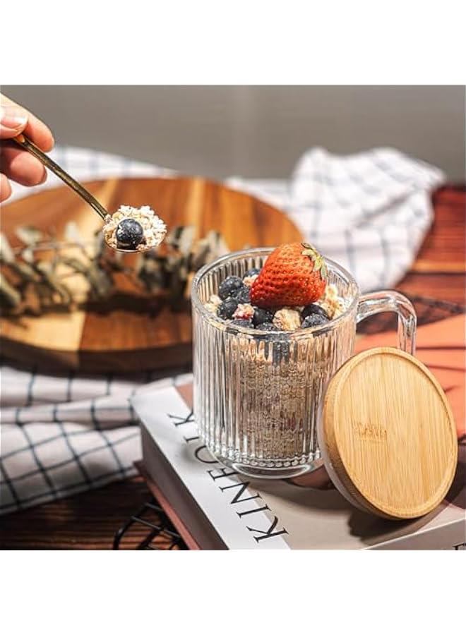 ميكسد TRASSLE Glass Coffee Mugs, Espresso Cups Set of 2 for Coffee Bar Accessories, Clear Coffee Mug, 330ML Glass Coffee Cups with Lids and Spoon, Cute Ribbed Glassware Set for Latte, Cappuccino - Image 4