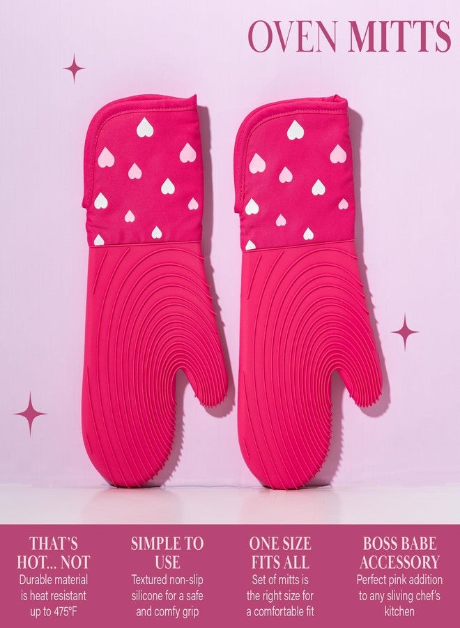 Paris Hilton Oven Mitt Set with Heart Design, Heat Resistant Pot Holders Featuring Non-Slip Textured Silicone Grips, 2-Piece Set, Pink - Image 4