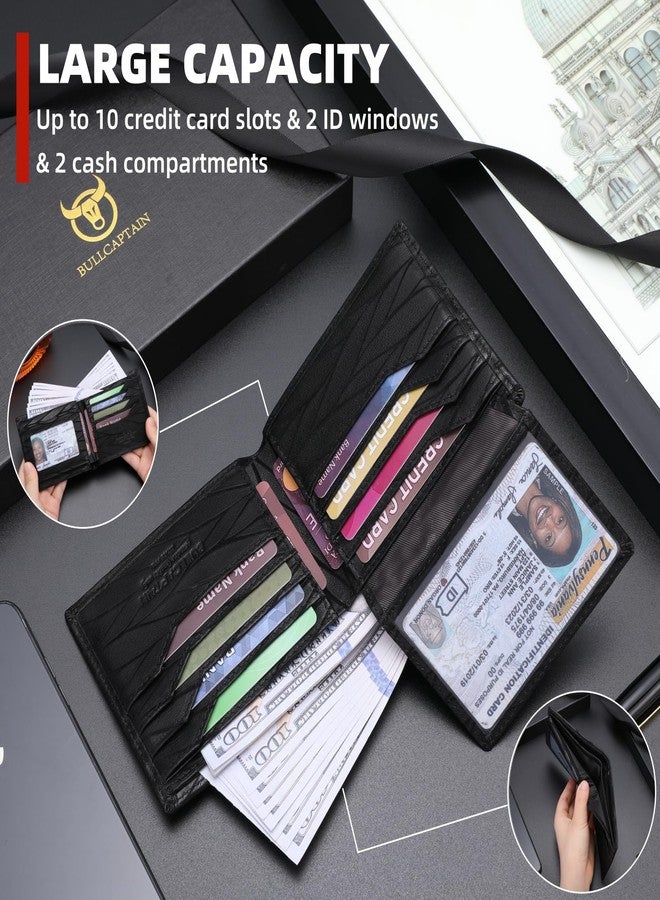 BULLCAPTAIN Slim Genuine Leather Mens Wallets with 2 ID Windows 10 Credit Card Slots Bifold RFID Blocking Wallets for Men With AirTag Holder and Chain T01 (Black) - Image 5