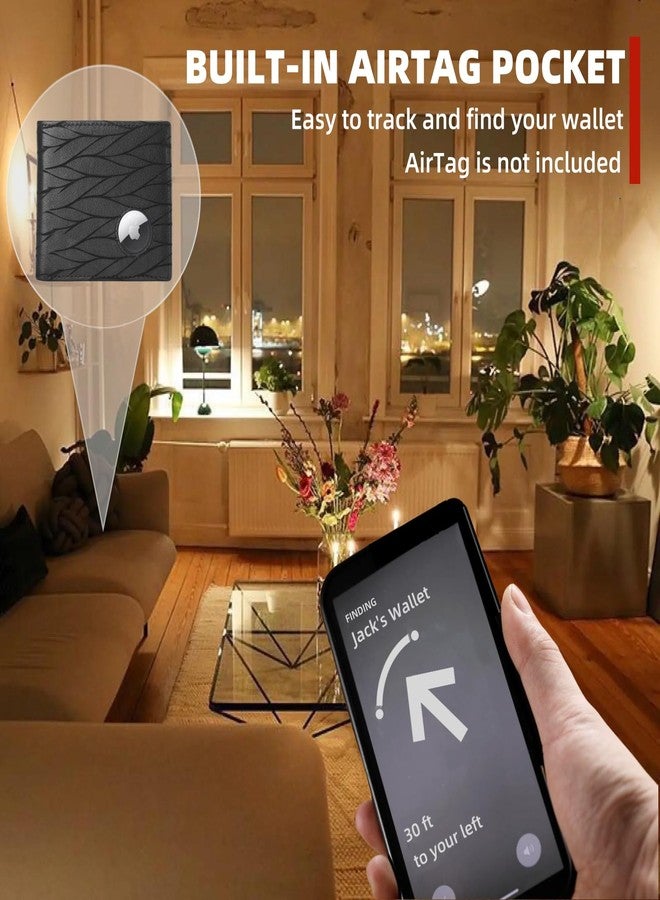 BULLCAPTAIN Slim Genuine Leather Mens Wallets with 2 ID Windows 10 Credit Card Slots Bifold RFID Blocking Wallets for Men With AirTag Holder and Chain T01 (Black) - Image 3