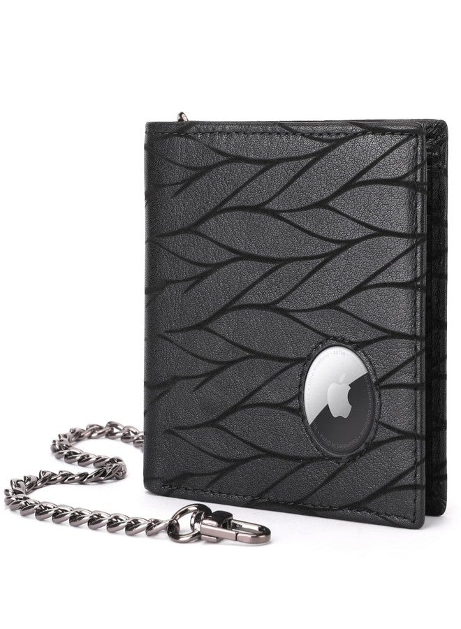 BULLCAPTAIN Slim Genuine Leather Mens Wallets with 2 ID Windows 10 Credit Card Slots Bifold RFID Blocking Wallets for Men With AirTag Holder and Chain T01 (Black) - Image 1