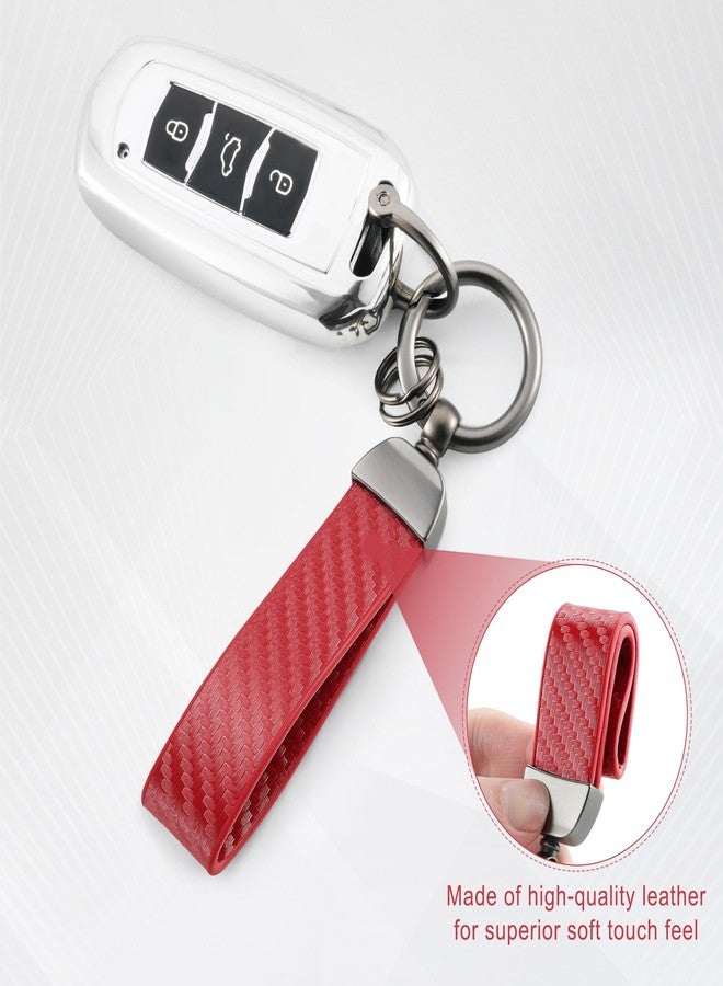 JUSTTOP Leather Keychain, Carbon Fiber Car Key Chain with Anti-Lost D-Ring and 2 Key Ring, Car Accessories, Universal Keychain for Men and Women (Red) - Image 3