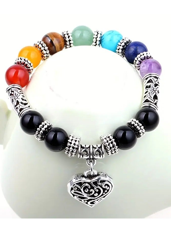 Elegant Vintage Heart-Shaped 7 Chakra Natural Stone Bracelet with Lotus Beads - Ideal for Daily Wear  Gifting, Perfect Valentine's Day Present, for Lotus Flower Jewelry - Image 2