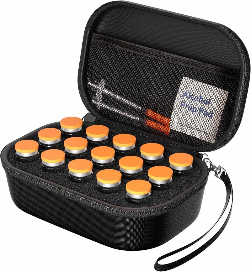 ProCase 15 Slots Insulin Vial Holder for Fridge Peptide Travel Storage Hard Carrying Case for Standard 10ml U100 Vials Bottles Diabetic Supplies Kits Organizer Container with Hand Strap Black - Image 1