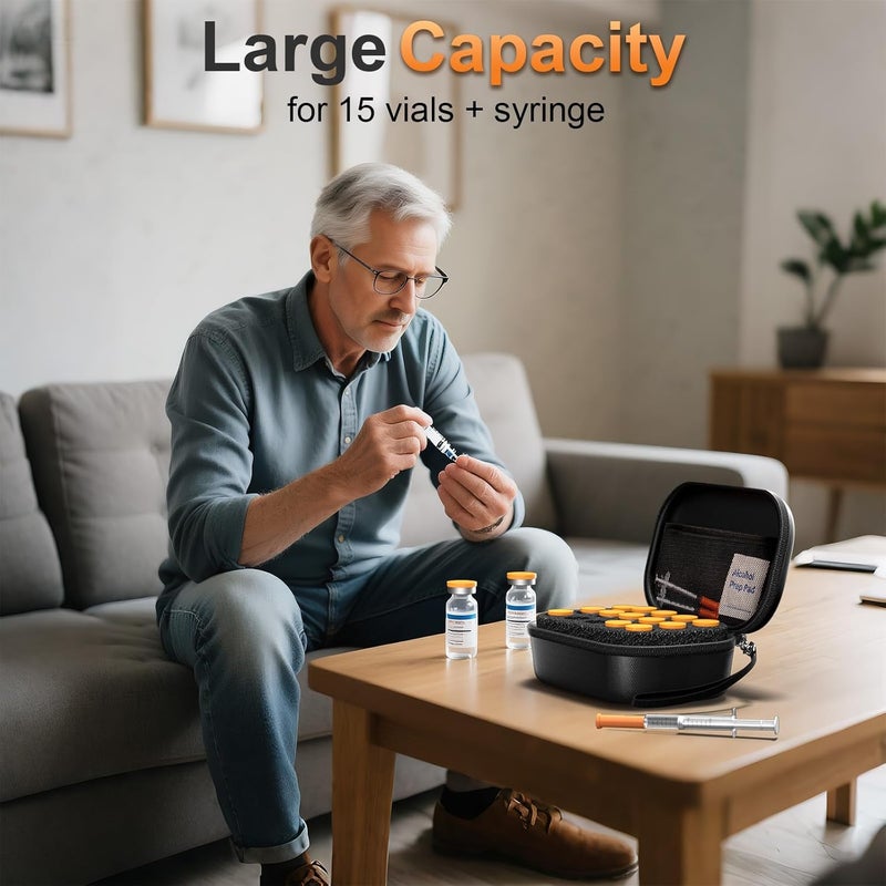 ProCase 15 Slots Insulin Vial Holder for Fridge Peptide Travel Storage Hard Carrying Case for Standard 10ml U100 Vials Bottles Diabetic Supplies Kits Organizer Container with Hand Strap Black - Image 4