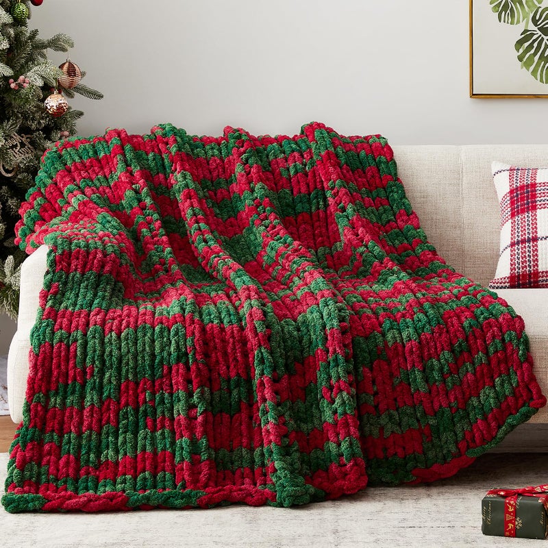 Negwoo Chunky Knit Throw Blanket  40''*50'' Knitted Throw Chenille Blankets for Bed Couch  Handmade Christmas Stripes Crochet Blanket Big Thick Blanket  Machine Washable Cute Comfy Blanket for Home Decor - Image 1