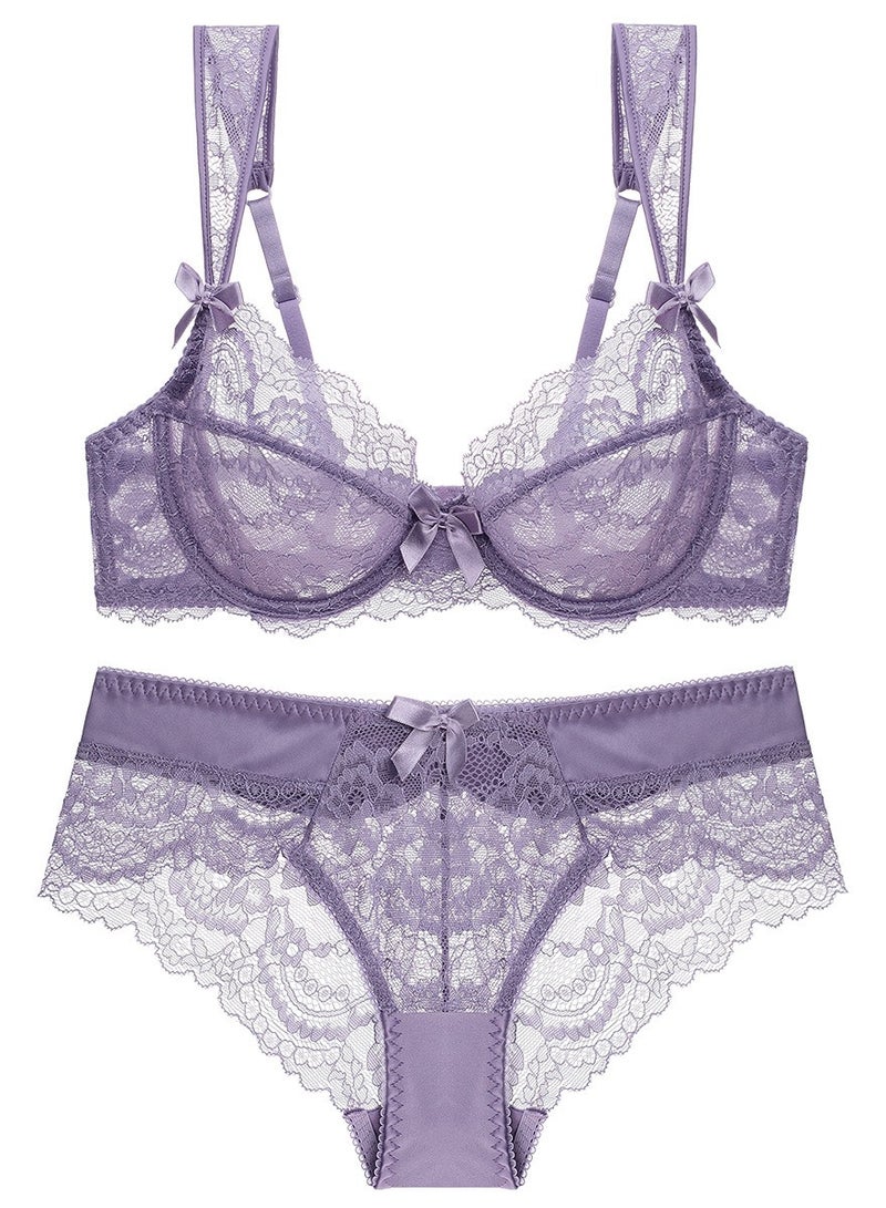 Loquat Solid Color Ultra Thin Cup Lace Bra And Panty Set Purple 