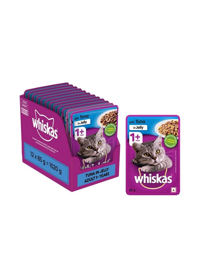 Whiskas Wet Cat Food For Adult Cats (1+Years), Tuna In Jelly Flavour, 12 Pouches (12 X 85G), 1 Count