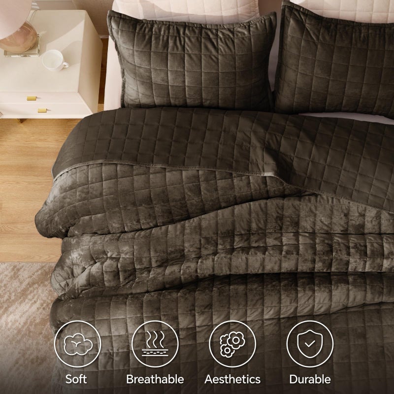 BEDELITE Velvet Quilt Set King Size - Luxury Velvet Comforter Bedding Set 3 Pieces, Lightweight Soft Cozy Mocha Brown Oversized Bedspread Coverlet for All Seasons with 2 Pillow Shams - Image 4