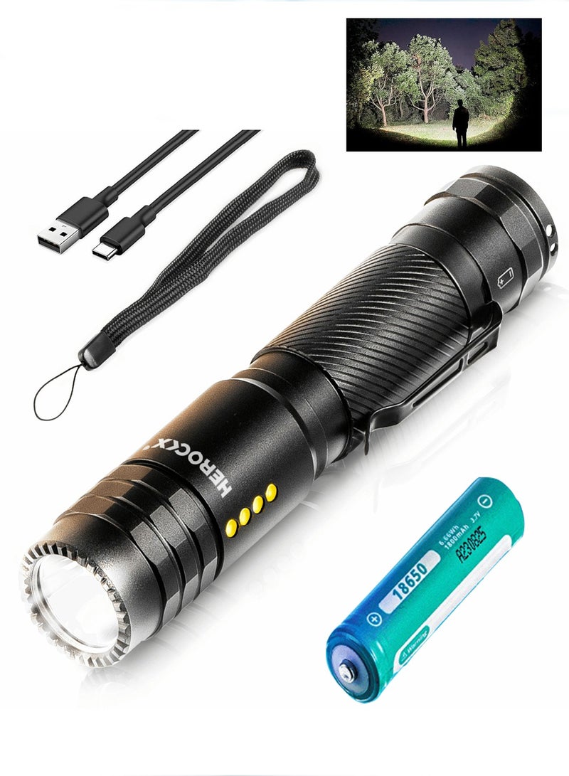 هيروكس مصباح يدوي للتخييم | مصباح يدوي قابل لإعادة الشحن بخمسة أوضاع LED، مصباح يدوي تكتيكي عالي الإضاءة، 20000 لومن، تقريب قوي 500 متر، IPX 65، بطارية 1800 مللي أمبير/ساعة، مناسب للمشي والتخييم - Image 1