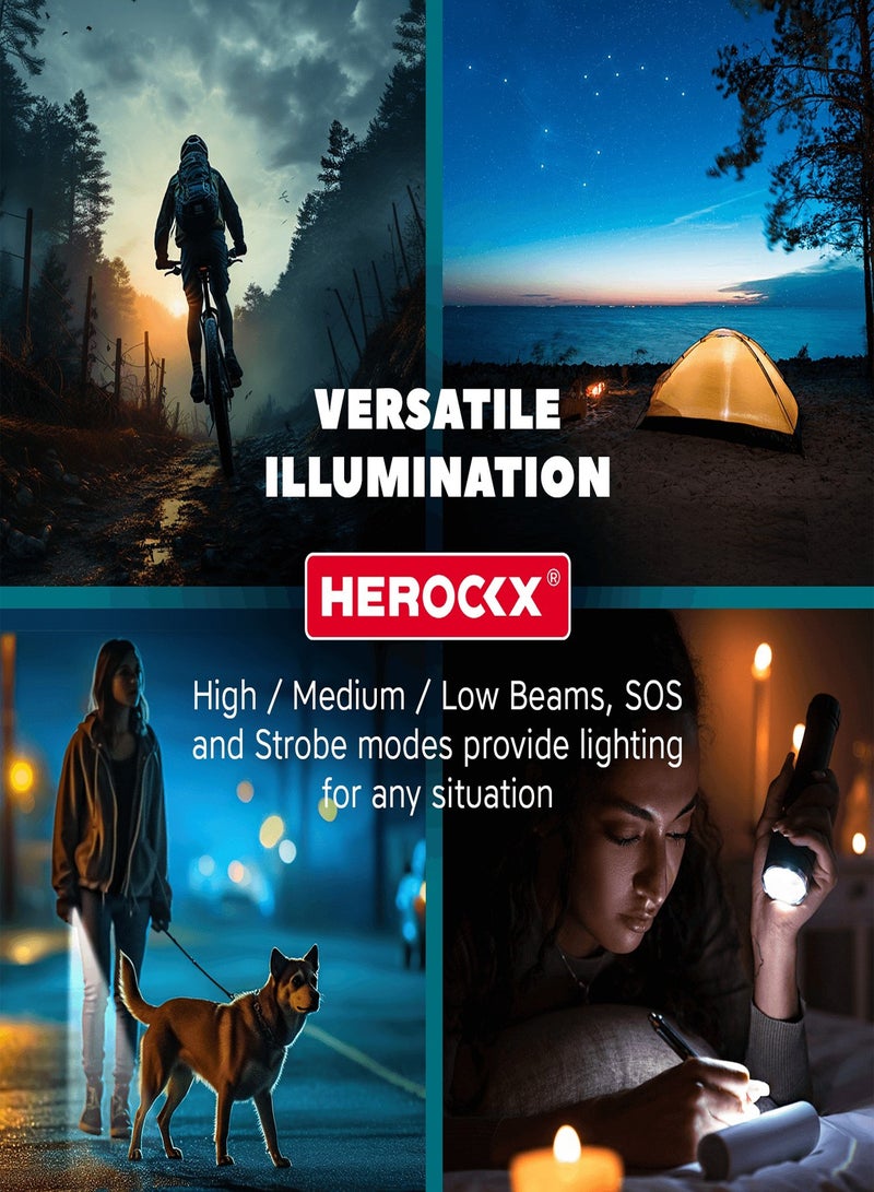 هيروكس مصباح يدوي للتخييم | مصباح يدوي قابل لإعادة الشحن بخمسة أوضاع LED، مصباح يدوي تكتيكي عالي الإضاءة، 20000 لومن، تقريب قوي 500 متر، IPX 65، بطارية 1800 مللي أمبير/ساعة، مناسب للمشي والتخييم - Image 4
