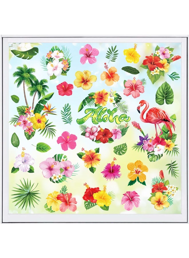 9 Sheets Summer Window Clings, 72 PCS Double Sided Tropical Hibiscus Flower Window Stickers Hawaii Palm Leaves Glass Stickers for Summer Hawaiian Party Decor Supplies - Image 1
