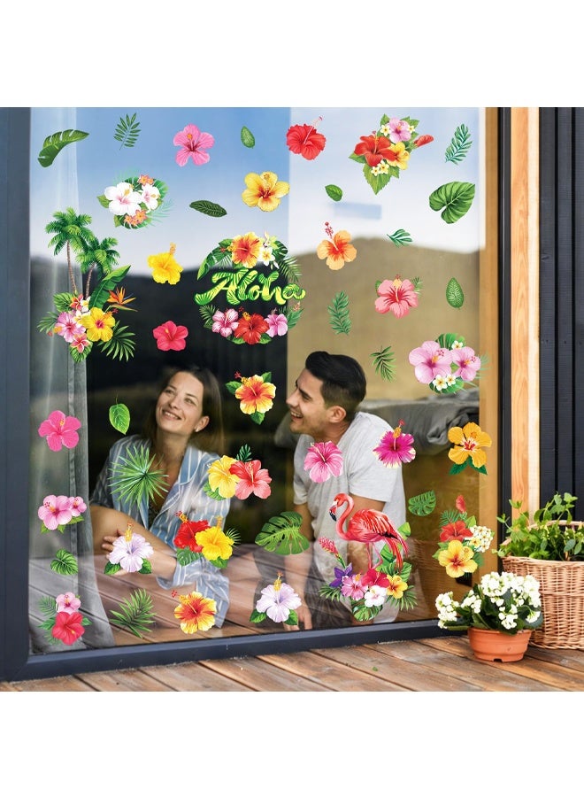 9 Sheets Summer Window Clings, 72 PCS Double Sided Tropical Hibiscus Flower Window Stickers Hawaii Palm Leaves Glass Stickers for Summer Hawaiian Party Decor Supplies - Image 2