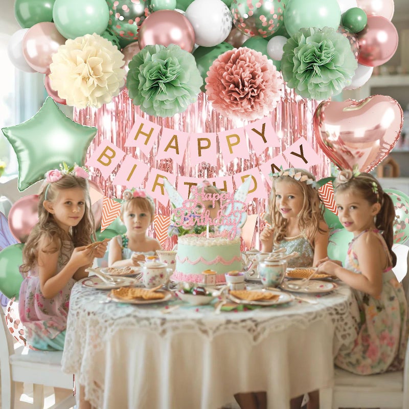 Togvu Rose Gold and Sage Green Birthday Decorations, Retro Avocado Green Party DÃ©cor with Foil & Latex Balloons Sash Fringe Curtains Happy Birthday Banner Cake Topper Paper Pompoms Decor for Women Girl - Image 5