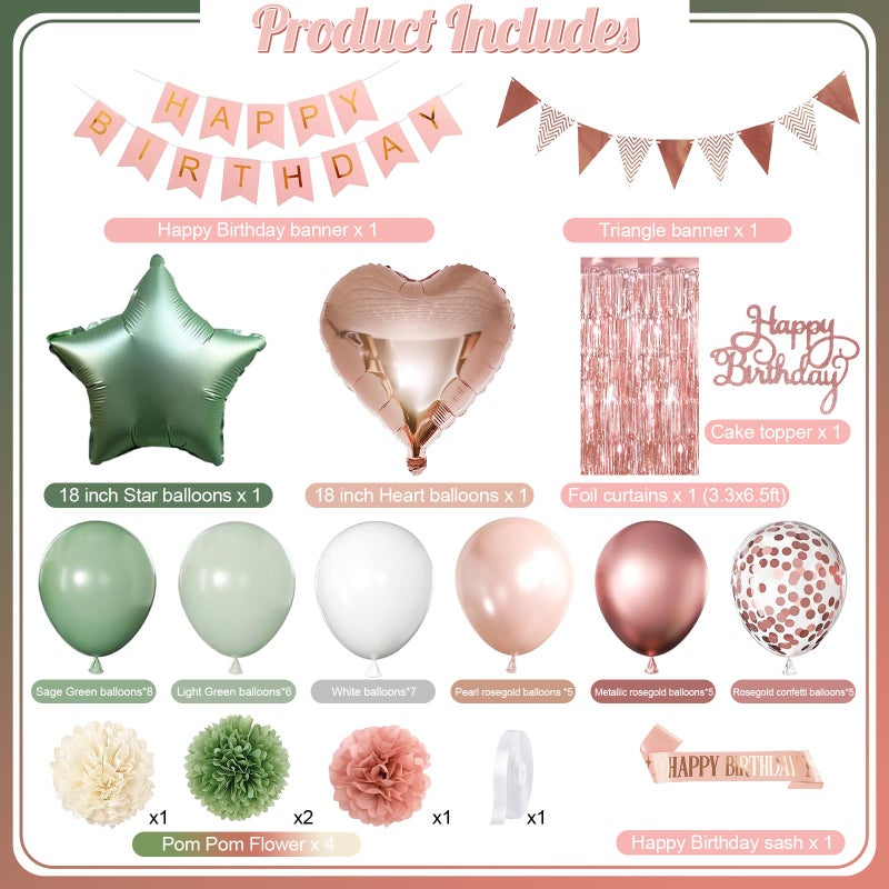 Togvu Rose Gold and Sage Green Birthday Decorations, Retro Avocado Green Party DÃ©cor with Foil & Latex Balloons Sash Fringe Curtains Happy Birthday Banner Cake Topper Paper Pompoms Decor for Women Girl - Image 2