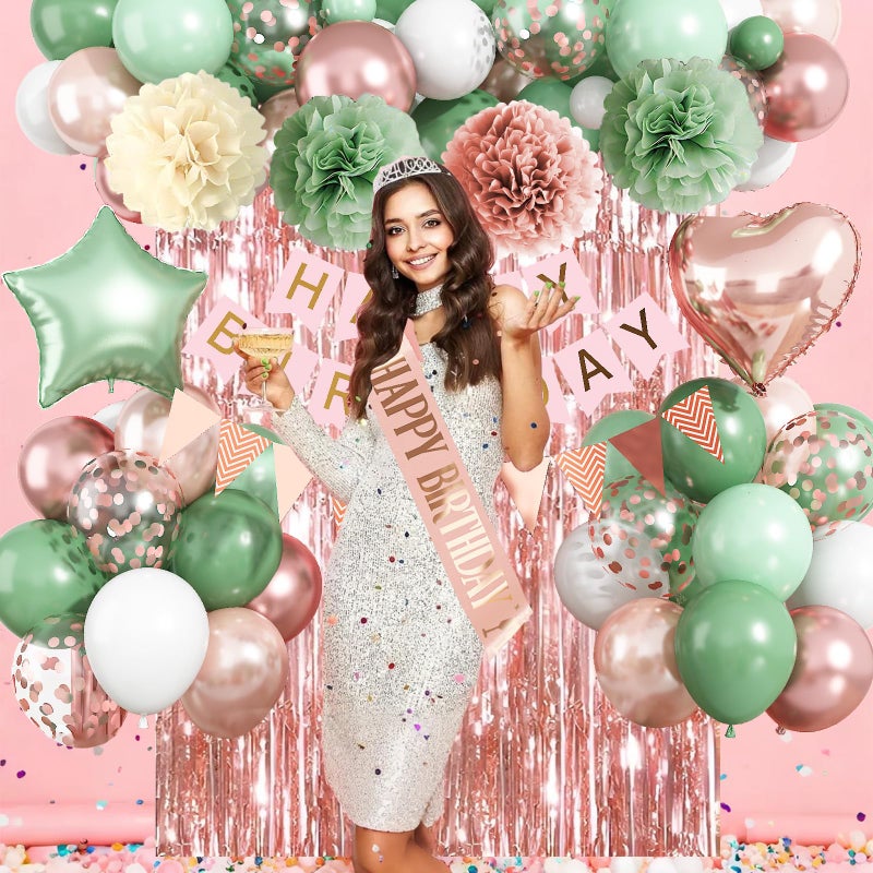 Togvu Rose Gold and Sage Green Birthday Decorations, Retro Avocado Green Party DÃ©cor with Foil & Latex Balloons Sash Fringe Curtains Happy Birthday Banner Cake Topper Paper Pompoms Decor for Women Girl - Image 4