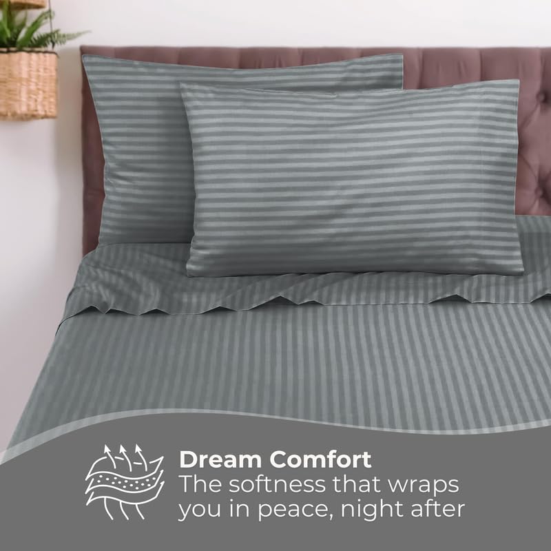 Pro Linen Basic 1Cm Satin Stripe Pure Cotton 210Tc 3Pc Bedding Set Queen Regular Size 275x225 Cm Charcoal 1 Bed Sheet 2 Pillow Covers - Image 2