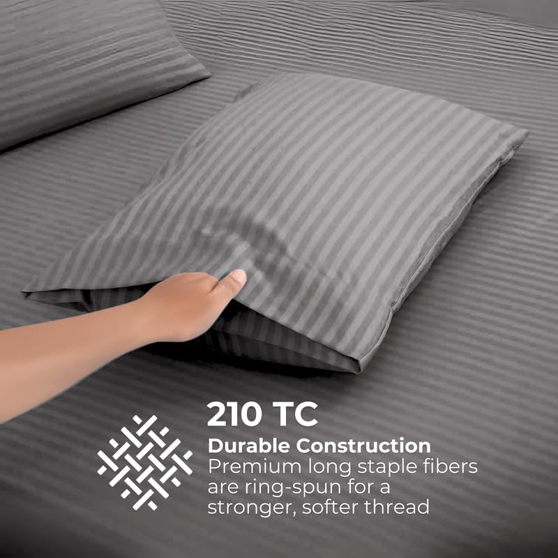 Pro Linen Basic 1Cm Satin Stripe Pure Cotton 210Tc 3Pc Bedding Set Queen Regular Size 275x225 Cm Charcoal 1 Bed Sheet 2 Pillow Covers - Image 3
