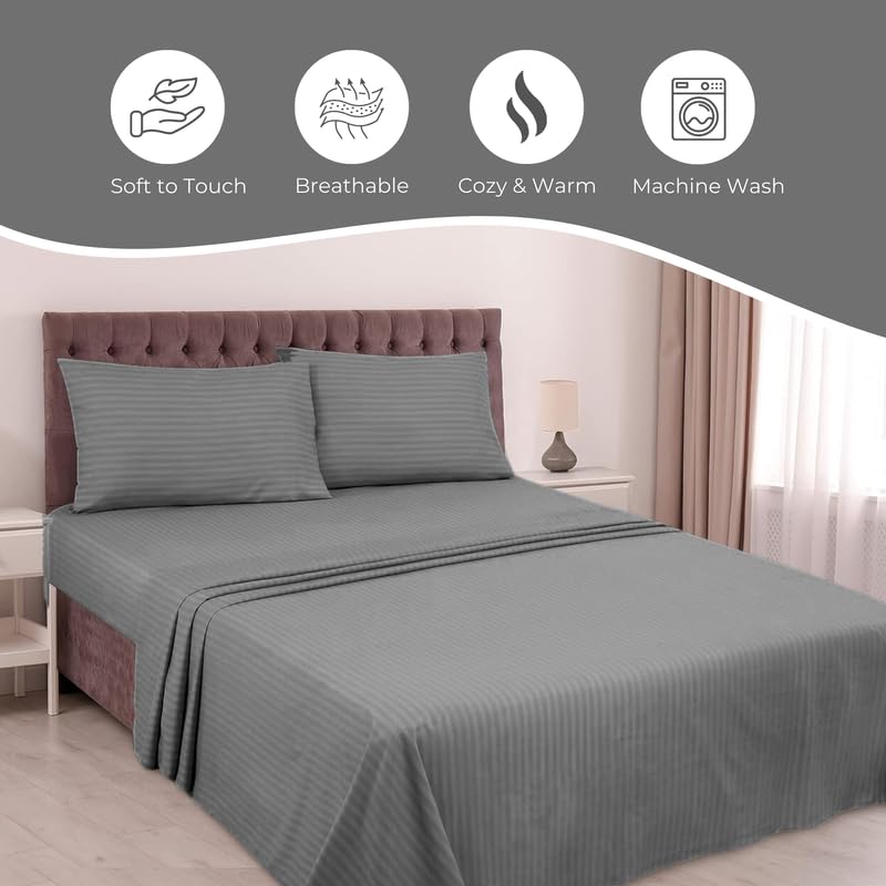 Pro Linen Basic 1Cm Satin Stripe Pure Cotton 210Tc 3Pc Bedding Set Queen Regular Size 275x225 Cm Charcoal 1 Bed Sheet 2 Pillow Covers - Image 4